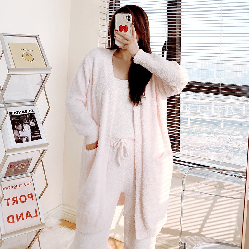 ChicShe Soft Fluffy Women's Pajamas Autumn Winter Three-Piece Set Thickened Cardigan Knitted Home Wear European And American_voghion.com
