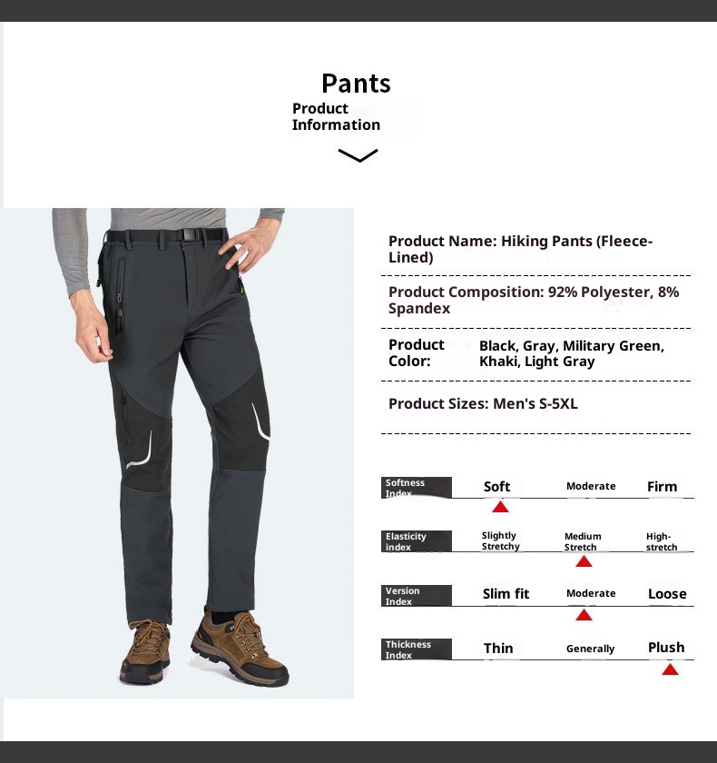 001 Plus Size Men's Outdoor Fleece Skiing Hiking Autumn Winter Thickened Warm Waterproof Wear-resistant Soft Shell Pants_voghion.com