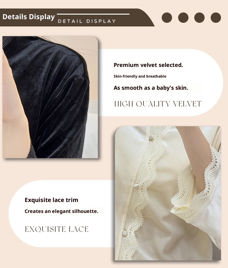 ChicShe Beautiful Velvet Pajamas Autumn Winter Women Lace Cardigan Long Sleeve Set Sexy Elegant Wearable Homewear_voghion.com