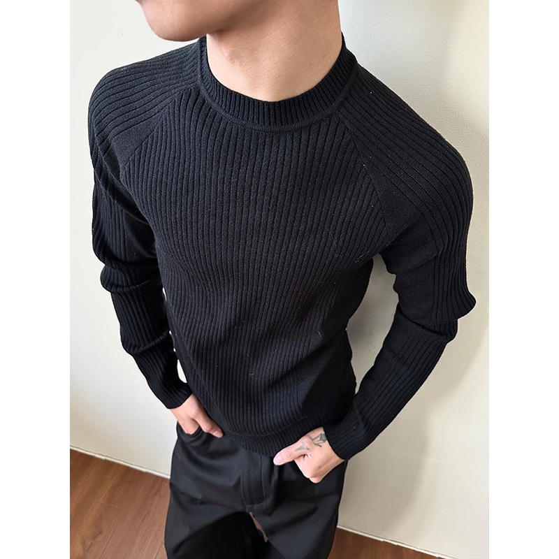 ragazzo MADEEXTREME Maglione largo a coste Old Money Slim Fit Manica lunga Strato base Girocollo Unisex_voghion.com