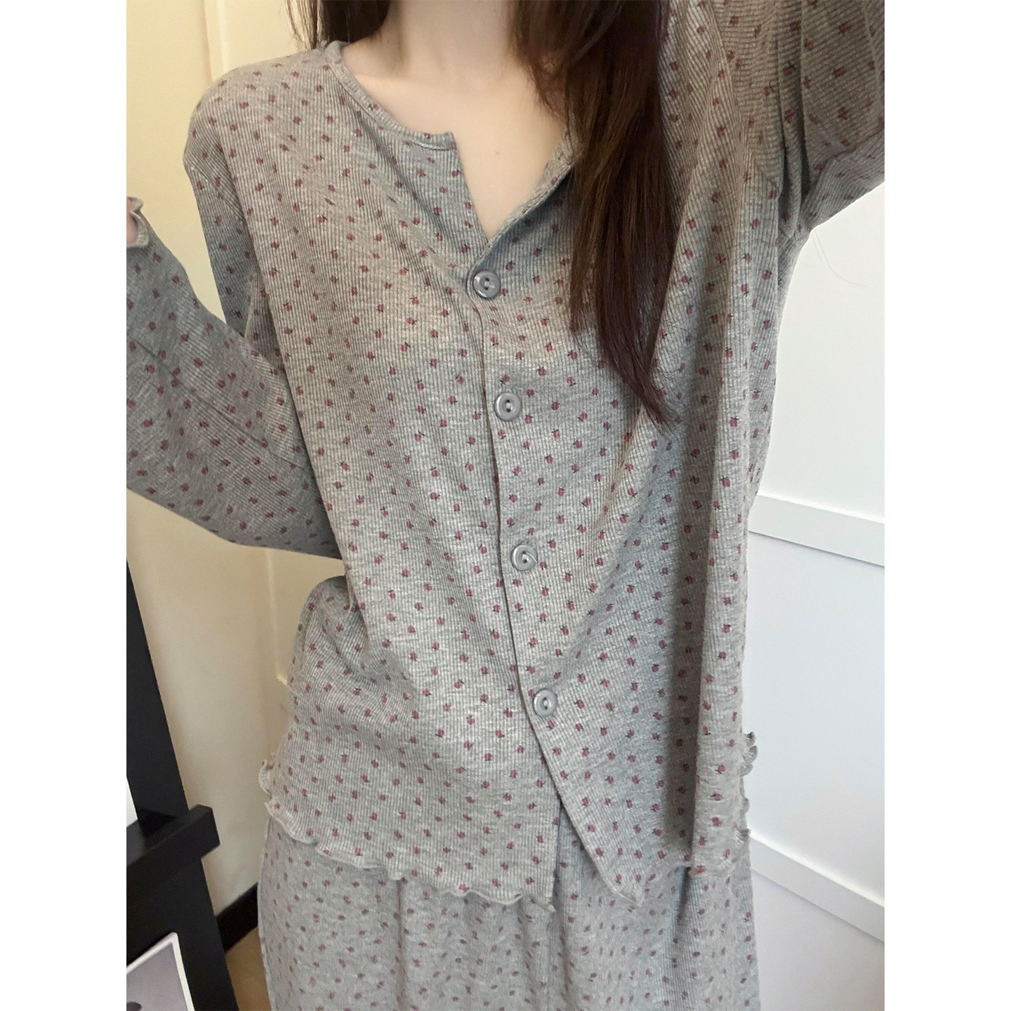 Pigiama da donna in puro cotone, delicato sulla pelle, con stampa floreale in stile coreano ChicShe, cardigan lungo primaverile e autunnale_voghion.com