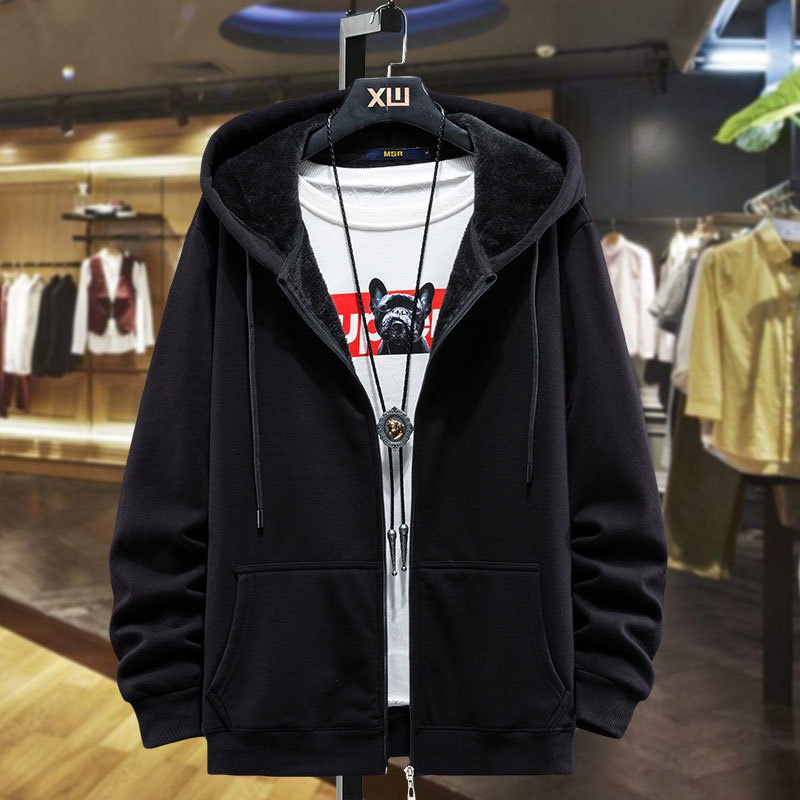 boy Boy New Autumn Winter Plus Size Zipper Hoodie For Men, Fleece-Lined Loose Cardigan, Men's Hooded Sweatshirt Jacket_voghion.com