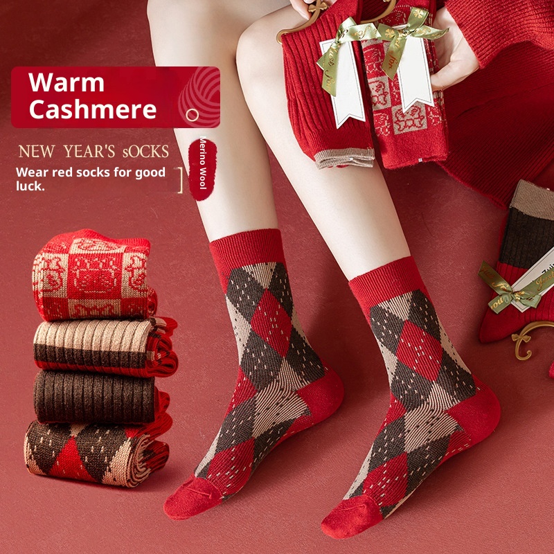 Lillian Damen Herbst Winter Wadenlange Kaschmir-Weihnachtssocken Sternzeichen Trend Rote Wollsocken_voghion.com