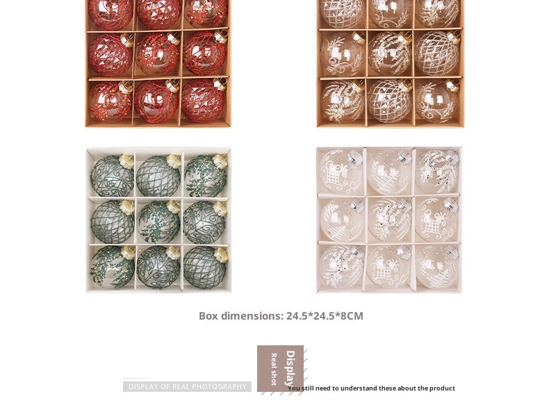 Decorazioni per l'albero di Natale con palline trasparenti in PET dipinte a mano da 8 cm/9 pezzi di Lillian Cross-Border_voghion.com