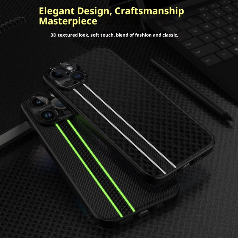 Custodia in fibra di carbonio TechGlobe Business per iPhone 15 Plus con strisce fluorescenti, custodia in pelle per iPhone 14 Pro Max, 13 XR_voghion.com