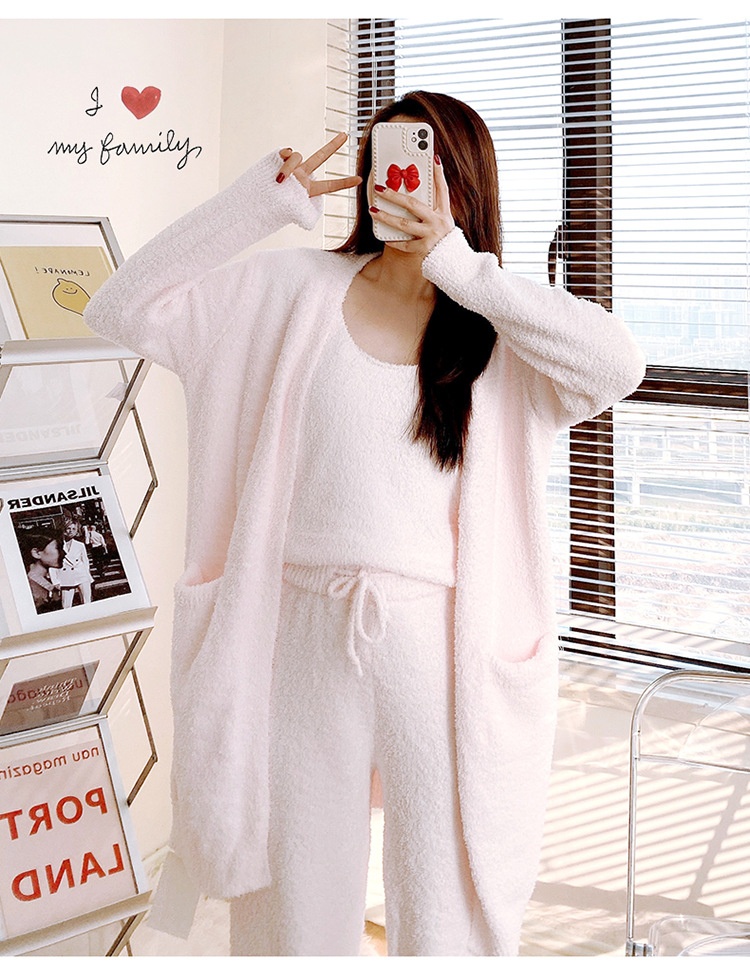 ChicShe Soft Fluffy Women's Pajamas Autumn Winter Three-Piece Set Thickened Cardigan Knitted Home Wear European And American_voghion.com
