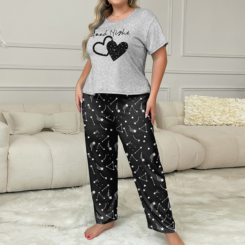 ChicShe Europäische und amerikanische grenzüberschreitende, heiß begehrte Hauskleidung aus Milchseide mit kurzen Ärmeln und langen Hosen in Übergrößen für Damen_voghion.com