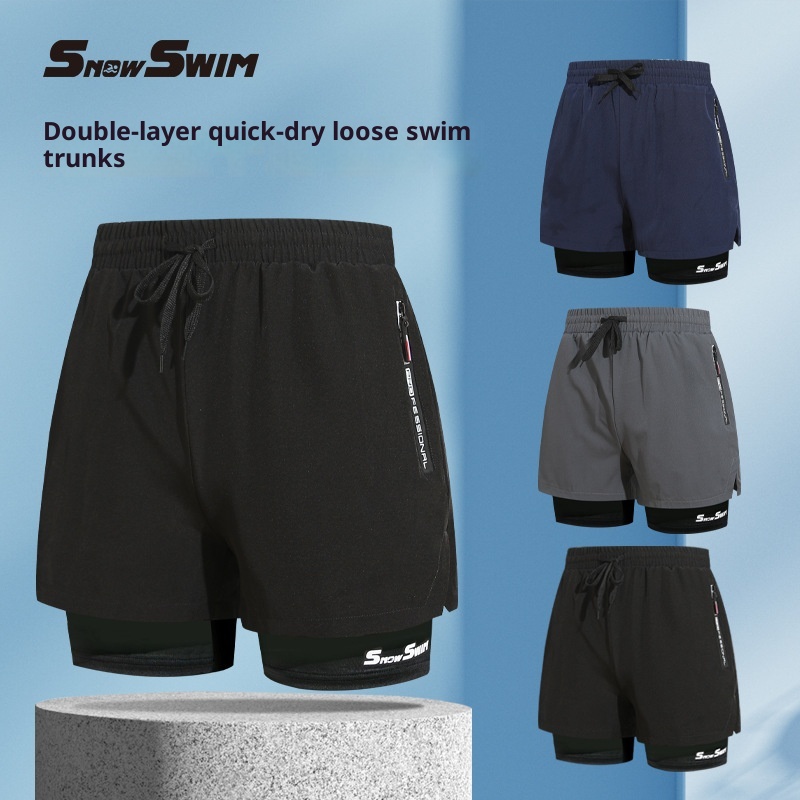001 001 Herren Doppellagige Badehose, schnelltrocknend, Anti-Peinlichkeits-Badehose, Strandshorts, Badebekleidung für heiße Quellen, Set_voghion.com
