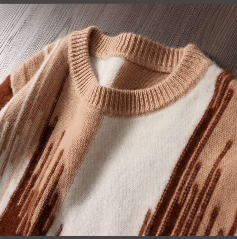 boy Boy Boy 100% Pure Wool Sweater For Men, Round Neck, Color Block Gradient, Thickened, Loose Fit, Business Casual Cashmere Knitted_voghion.com