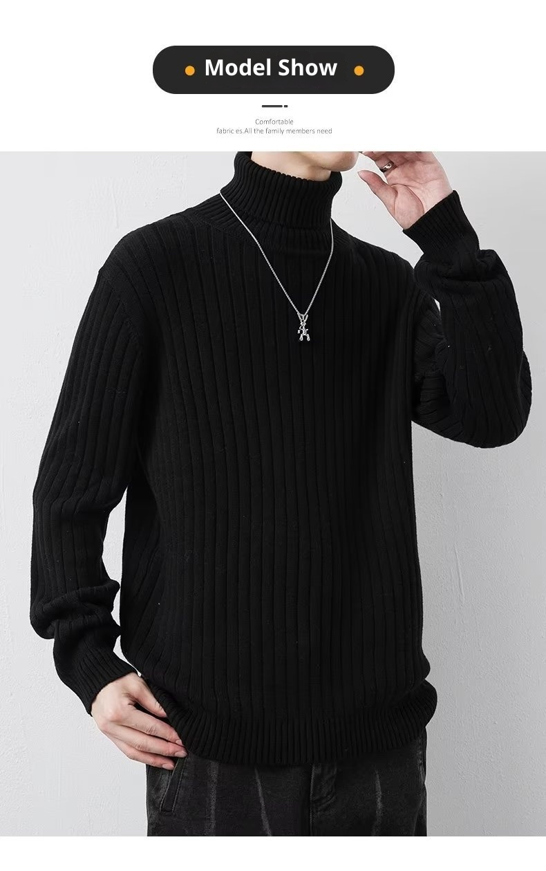boy Tuleneck For Men Autumn Winter Simple Solid Color Trendy Brand Knitted Slim Fit Warm Turn-down Collar Sweater Base_voghion.com