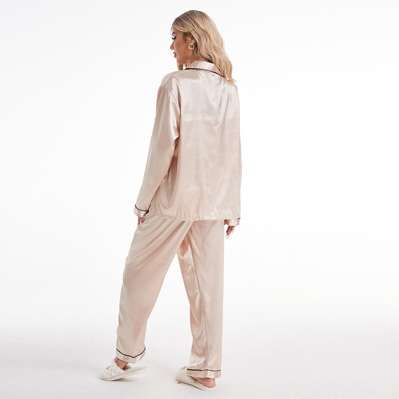 ChicShe European And American Foreign Trade Home Wear Lapel Ice Silk Pajamas Women's Sleeve Long Pants Two-Piece Set Plus Size_voghion.com
