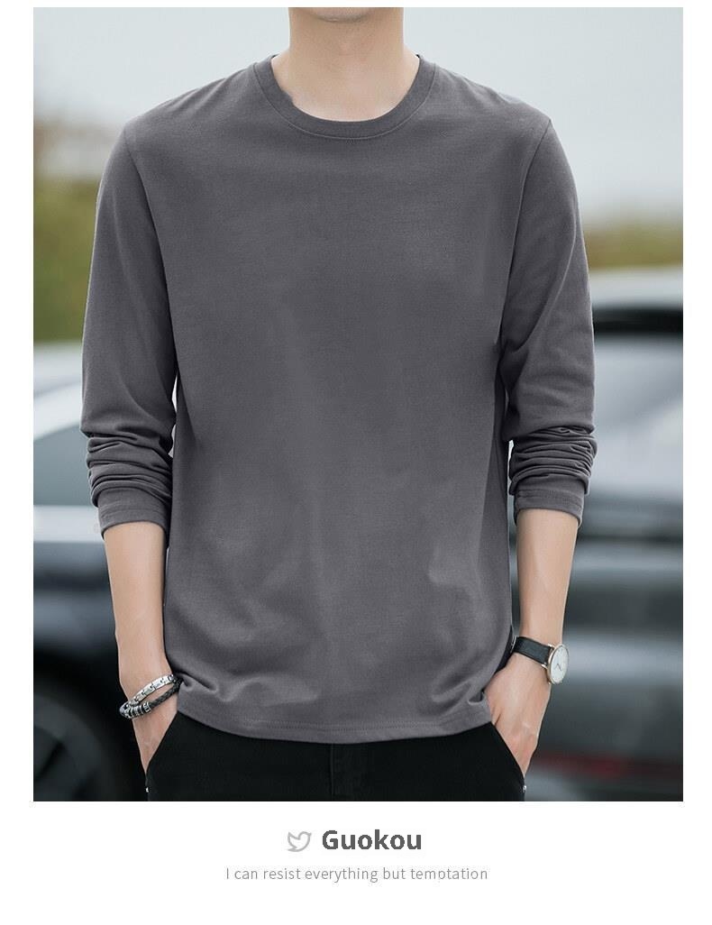 Maglietta a maniche lunghe primaverile e in puro cotone per uomo, scollo tondo, maglietta di base sottile, strato interno, felpa di alta qualità,_voghion.com
