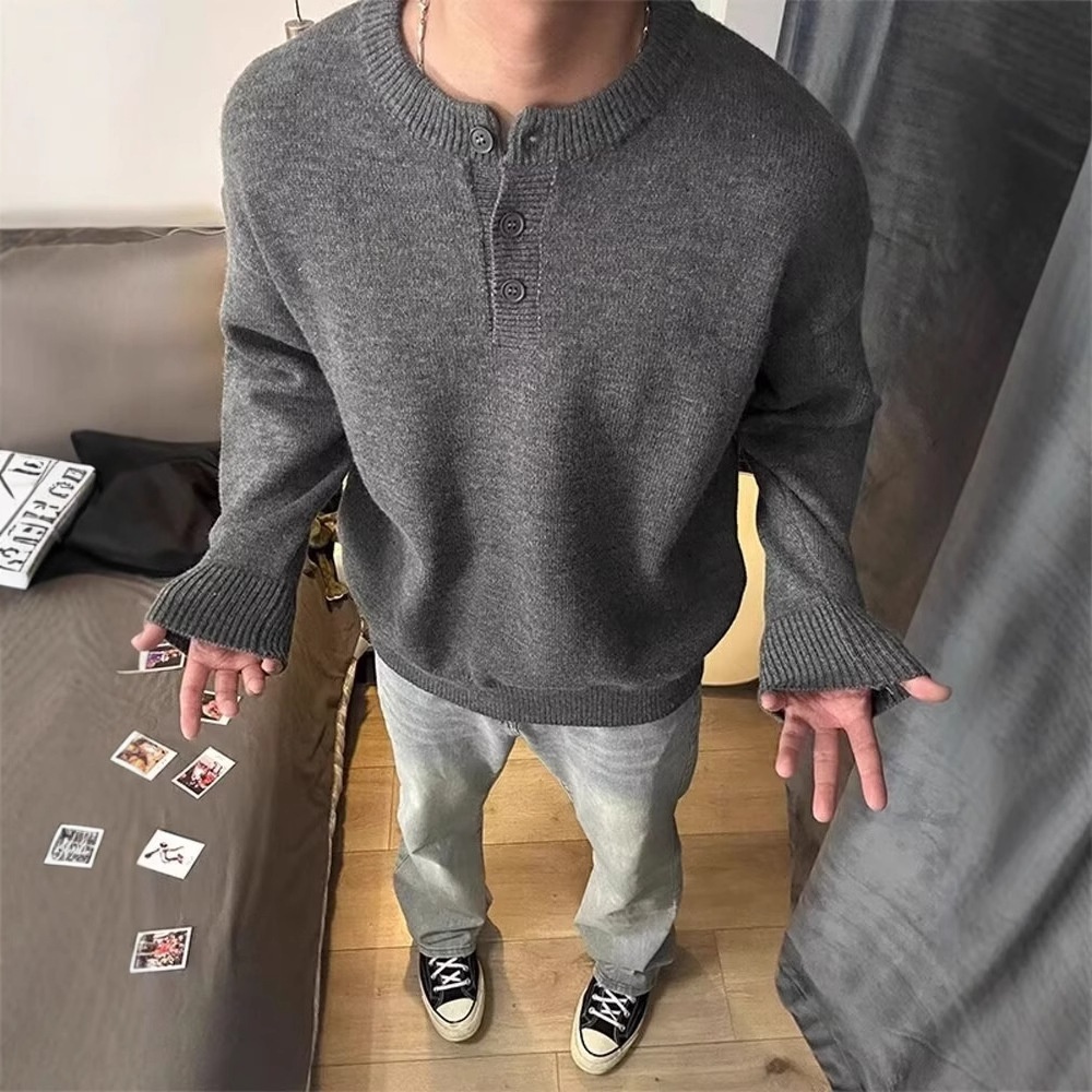 boy 2025 Henry Collar Spring Casual Inner Layer Base Shirt American Cool Men's Knitted Sweater Autumn And Winter Style_voghion.com