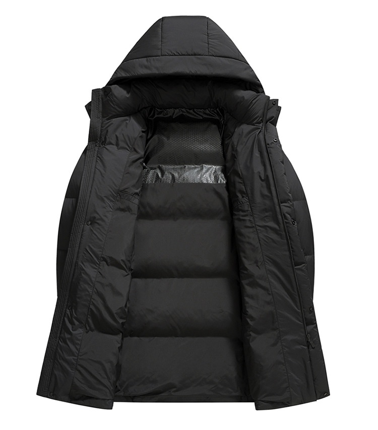 Winterjacke für Herren, Modell 2025: Lange, dicke, warme, weiße Daunenjacke mit Kapuze – perfekt für Männer mittleren Alters und Väter._voghion.com