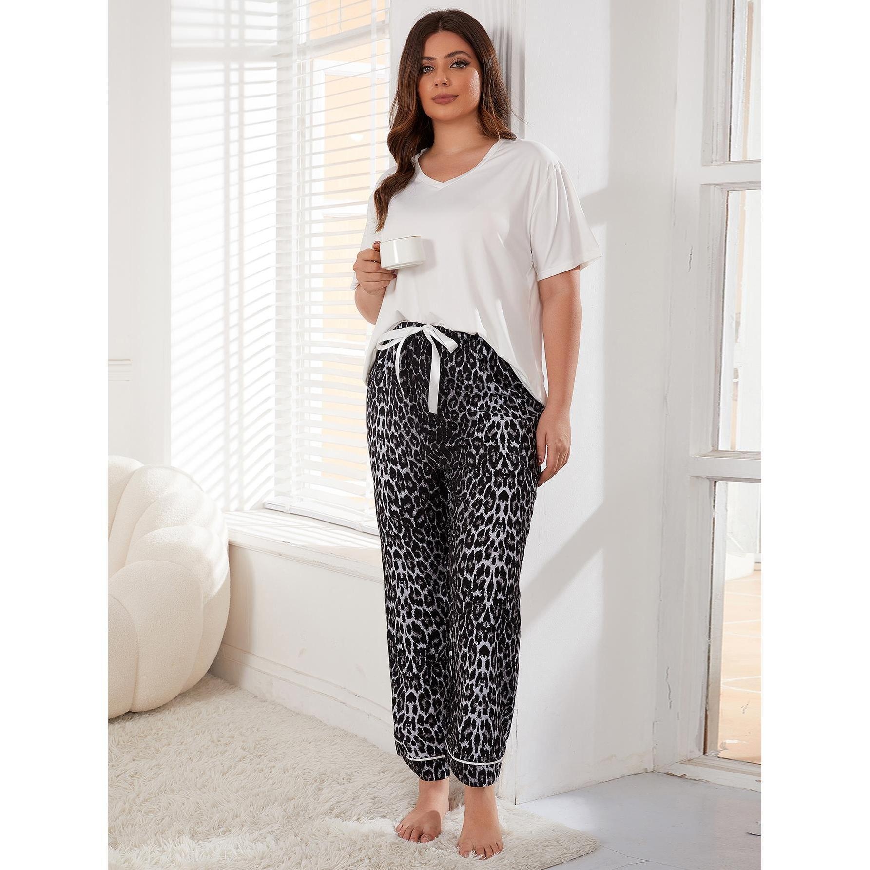 ChicShe European And American Foreign Trade Plus Size Women's Summer Leopard Print Short Sleeve Long Pants Fat MM_voghion.com