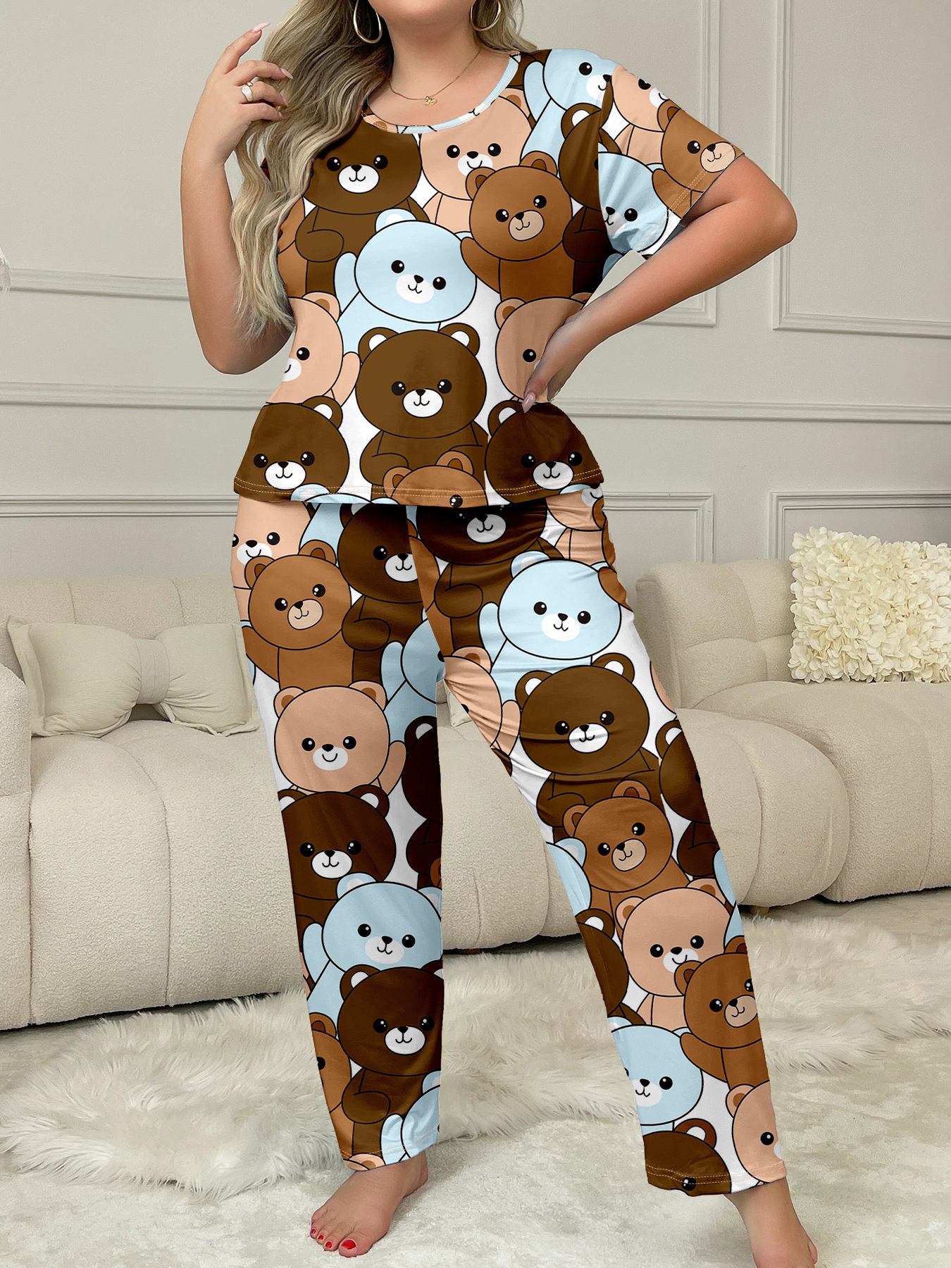 ChicShe European And American Style Cro-Border Plu Size Women' Looe Short Sleeve Heart Print Long Pant Set Homewear_voghion.com