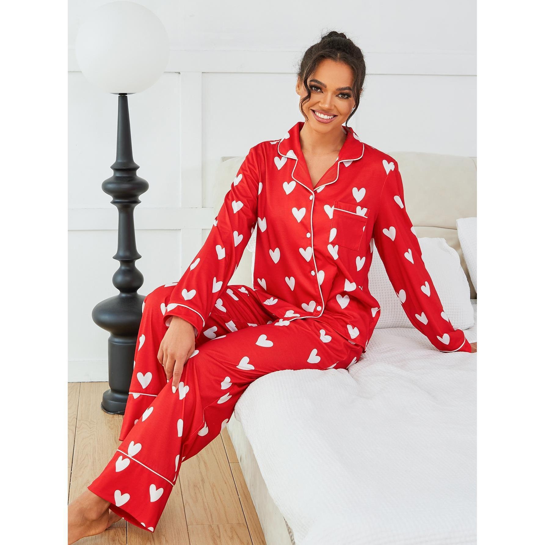 ChicShe European American Cross-Border Women's Pajamas Autumn Winter Heart Print Long Sleeve Shirt And Pants Two-Piece_voghion.com