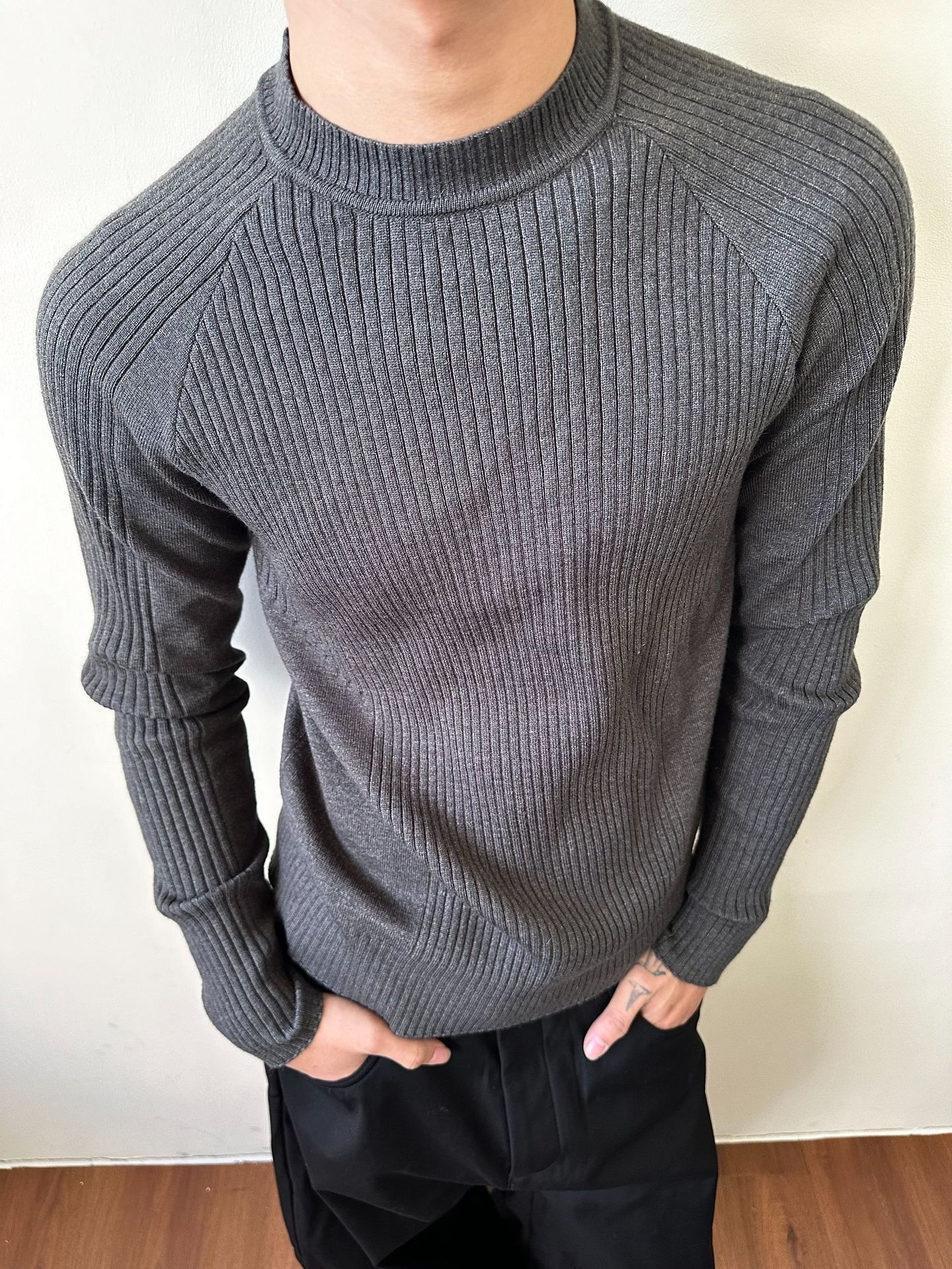 ragazzo MADEEXTREME Maglione largo a coste Old Money Slim Fit Manica lunga Strato base Girocollo Unisex_voghion.com