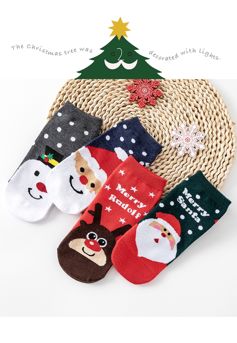 Lillian Women's Autumn Winter Cotton Cartoon 4 Pairs New Year Cute Japanese Style Christmas Short Socks_voghion.com