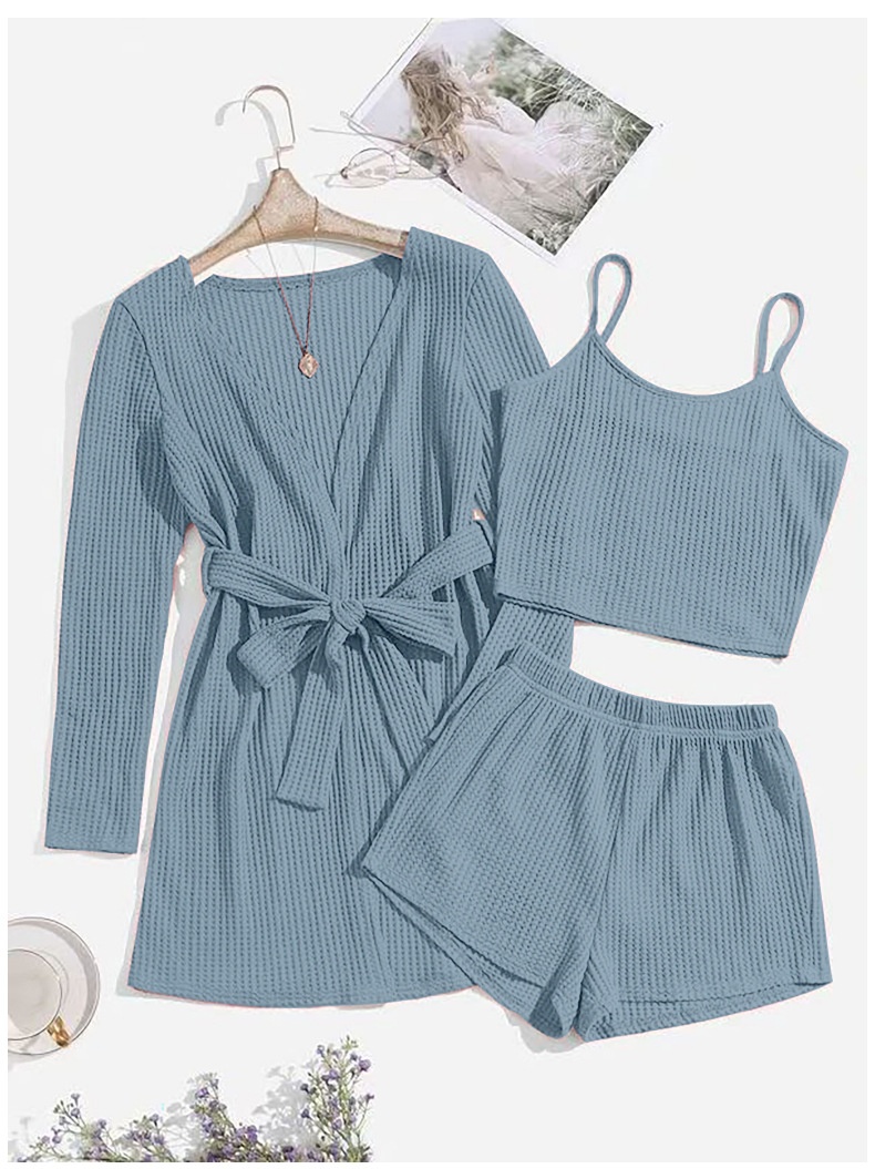 ChicShe Waffle Weave Wearable Three-Piece Homewear For Women With Camisole, Shorts, Robe, Bathrobe, And Casual Pajamas Set W0253_voghion.com
