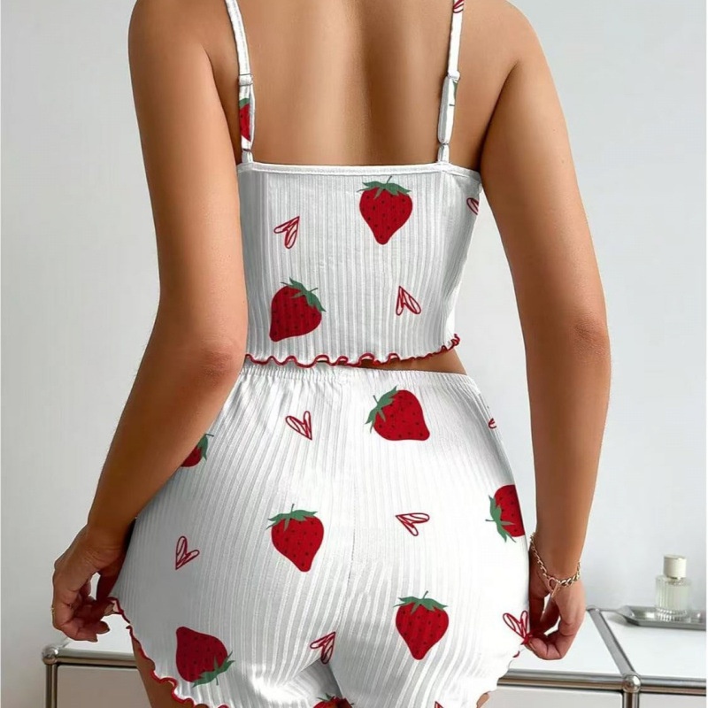 ChicShe European American Cross-Border Strawberry Heart Print Ribbed Pajama For Women With Camisole And Shorts Homewear_voghion.com