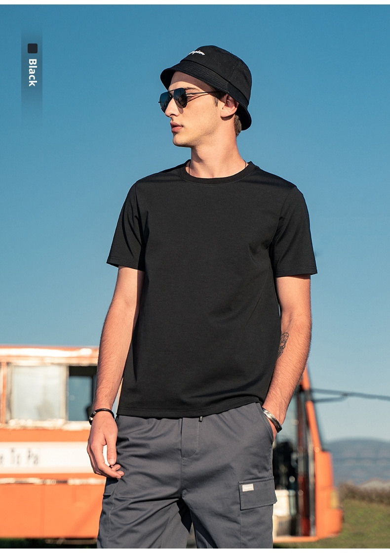 Maglietta base da uomo in cotone di seta ghiaccio fresco, manica corta, estiva, bianca, tinta unita, mercerizzata_voghion.com