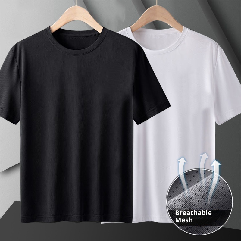 Maglietta corta da uomo in seta ghiacciata alla moda, mezza manica in tinta unita, scollo rotondo, maglietta sottile di grandi dimensioni per la mezza età_voghion.com