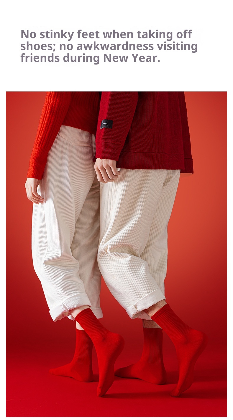 Lillian Zodiac Year Red Men's Autumn And Winter Deodorant Sweat-Absorbing Cotton Women's Seamless Mid-Calf Couple's Christmas_voghion.com