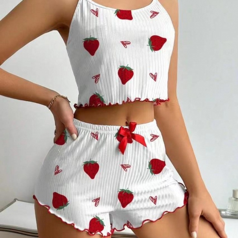 ChicShe European And American Style Women's Pajamas Ribbed Heart Print Sexy Camisole Shorts Homewear Two-Piece Set Cross-Border_voghion.com