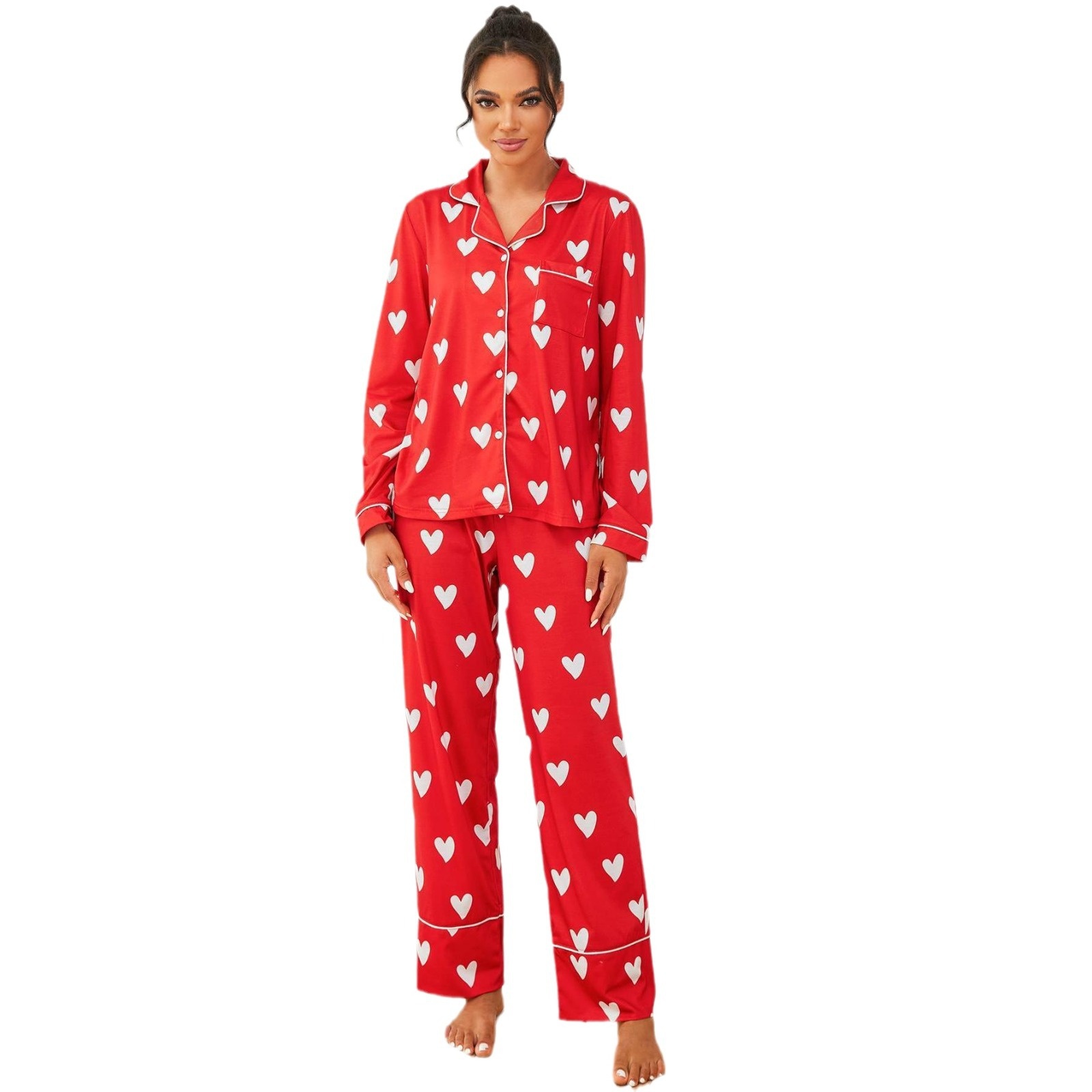 ChicShe European American Cross-Border Women's Pajamas Autumn Winter Heart Print Long Sleeve Shirt And Pants Two-Piece_voghion.com