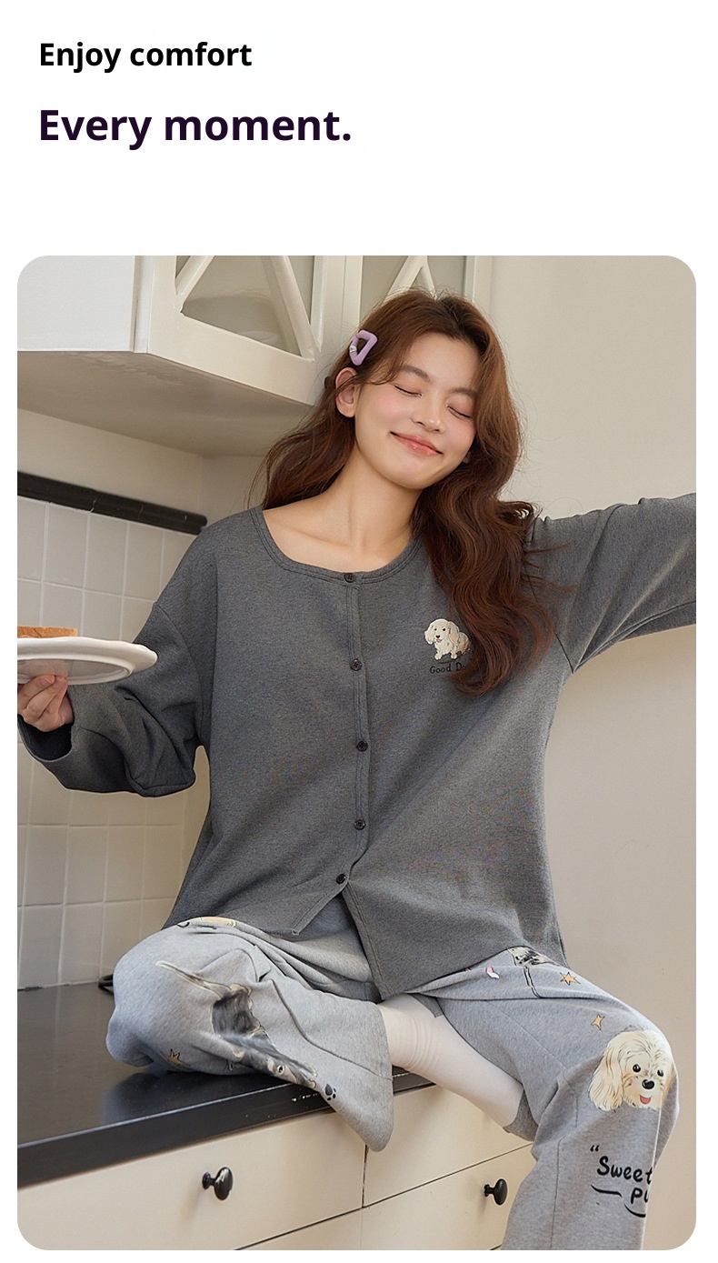 ChicShe Autumn Winter Pajamas For Women 2025 Pure Cotton Cardigan Long Sleeve Set With Chest Pads, Simple Loose Homewear_voghion.com