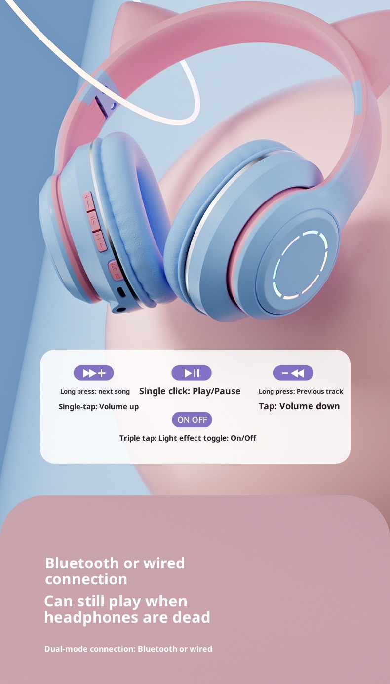 Cuffie Bluetooth luminose 3c, over-ear, con orecchie di gatto, colore sfumato, cuffie da gioco di alto valore, regalo universale per lezioni online_voghion.com
