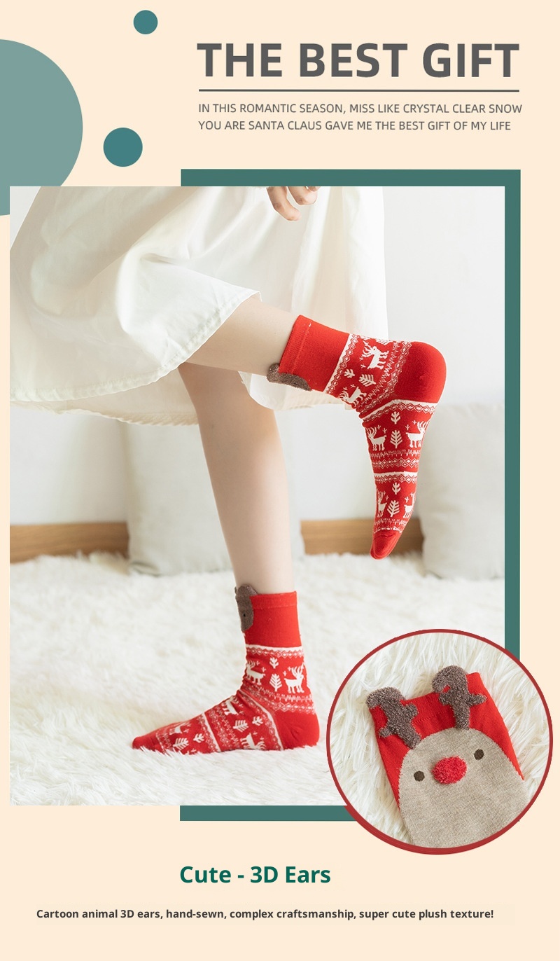 Lillian Weihnachtssocken für Damen, Herbst/Winter, festlicher japanischer Stil, Baumwolle, 3D-Cartoon-Rentier, Cross-Border, wadenlang_voghion.com
