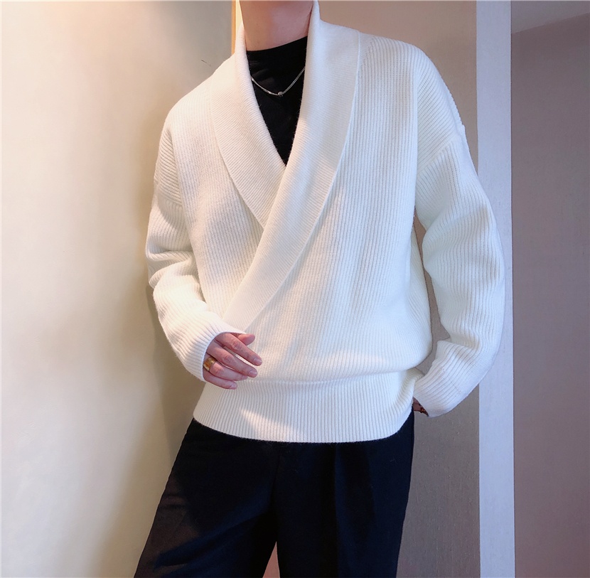 Südkorea, Herbst und Winter, einfarbig, großer V-Ausschnitt, drapierter Schnitt, lässiger Strickpullover für Herren, locker und bequem_voghion.com