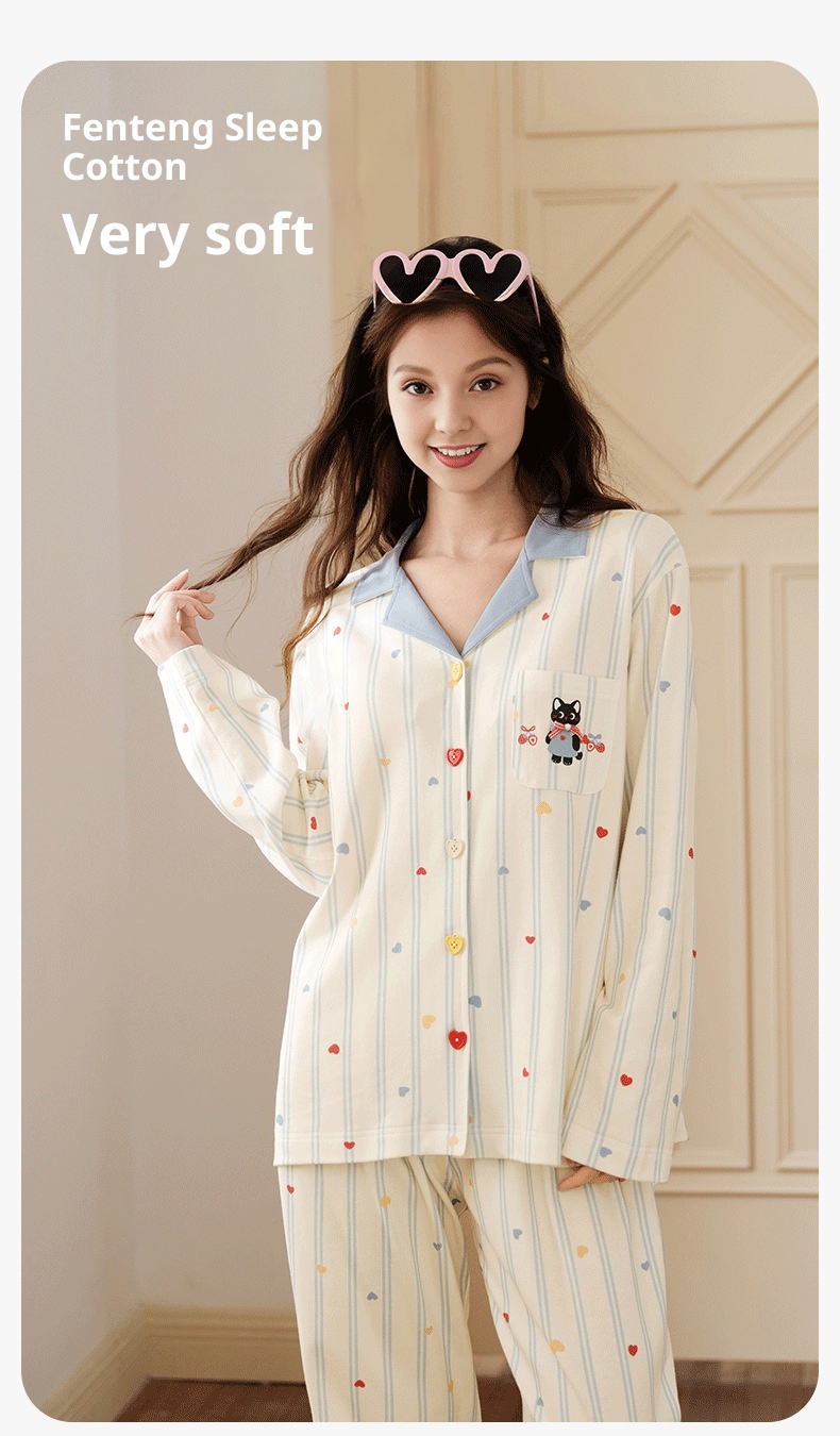 ChicShe Sleep Spring And Autumn New Long Sleeve Women's Pajamas Striped Cute Cartoon Loose Cotton Homewear Set_voghion.com