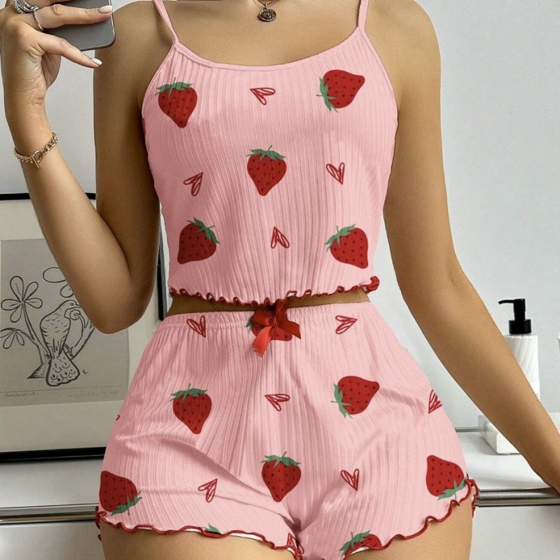 ChicShe European American Cross-Border Strawberry Heart Print Ribbed Pajama For Women With Camisole And Shorts Homewear_voghion.com