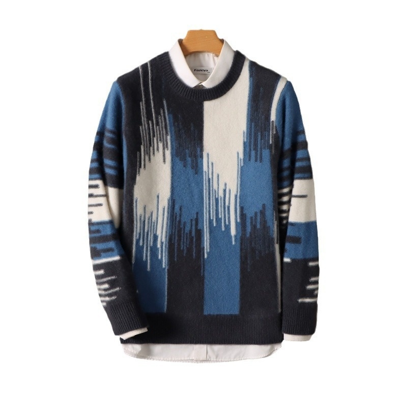 boy Boy Boy 100% Pure Wool Sweater For Men, Round Neck, Color Block Gradient, Thickened, Loose Fit, Business Casual Cashmere Knitted_voghion.com