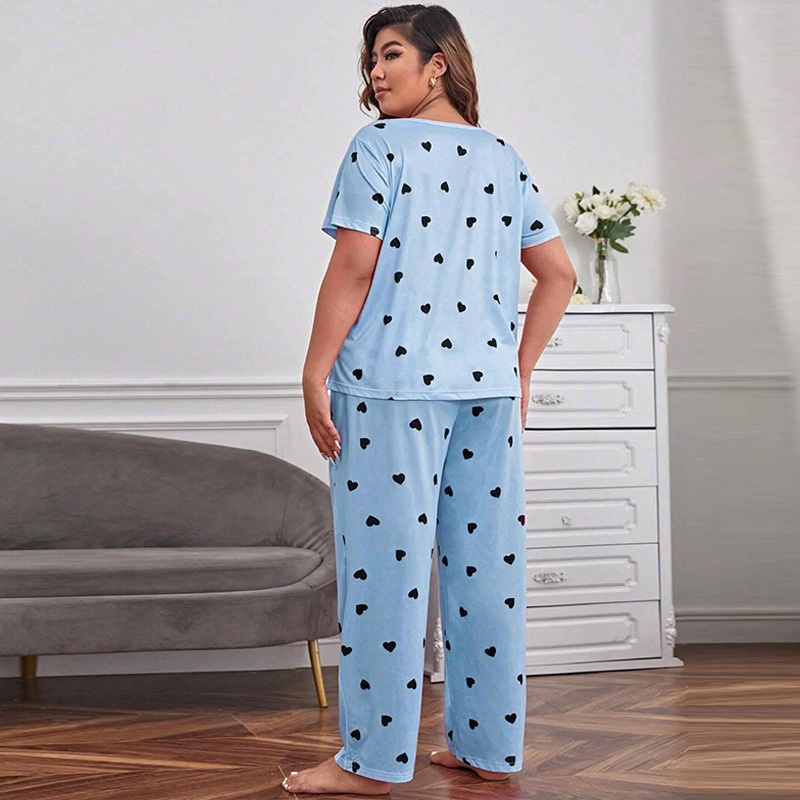 ChicShe European And American Style Cro-Border Plu Size Women' Looe Short Sleeve Heart Print Long Pant Set Homewear_voghion.com