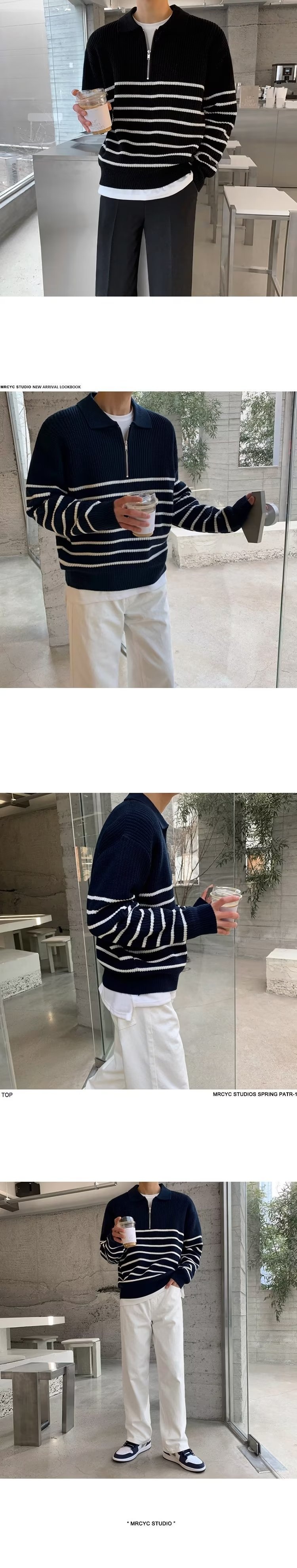 Schwarz-weiß gestreifter Strickpullover für Herren im koreanischen Stil mit Umlegekragen – ein exklusives und hochwertiges Partner-Sweatshirt für lässige Freizeitkleidung._voghion.com