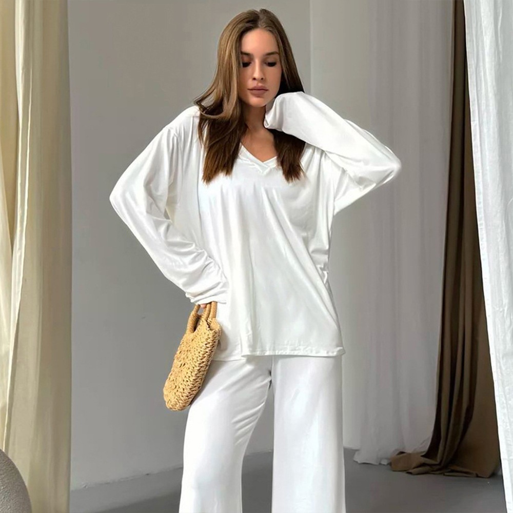 ChicShe Cross-Border V-Neck Sleeve Long Pants Pajama Set European And American 2025 Autumn New Knitted Pajamas Export Home Wear_voghion.com