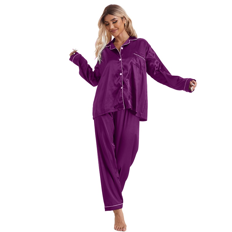 ChicShe European And American Foreign Trade Home Wear Lapel Ice Silk Pajamas Women's Sleeve Long Pants Two-Piece Set Plus Size_voghion.com