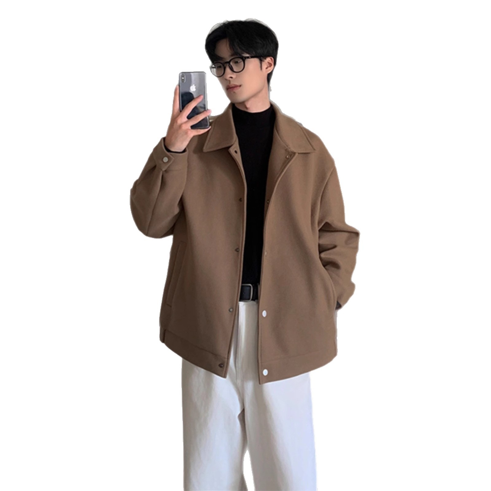 boy Mature And Stable Men's Gray Lapel Jacket Autumn Korean Style Cleanfit Loose Wool Coat Outerwear_voghion.com