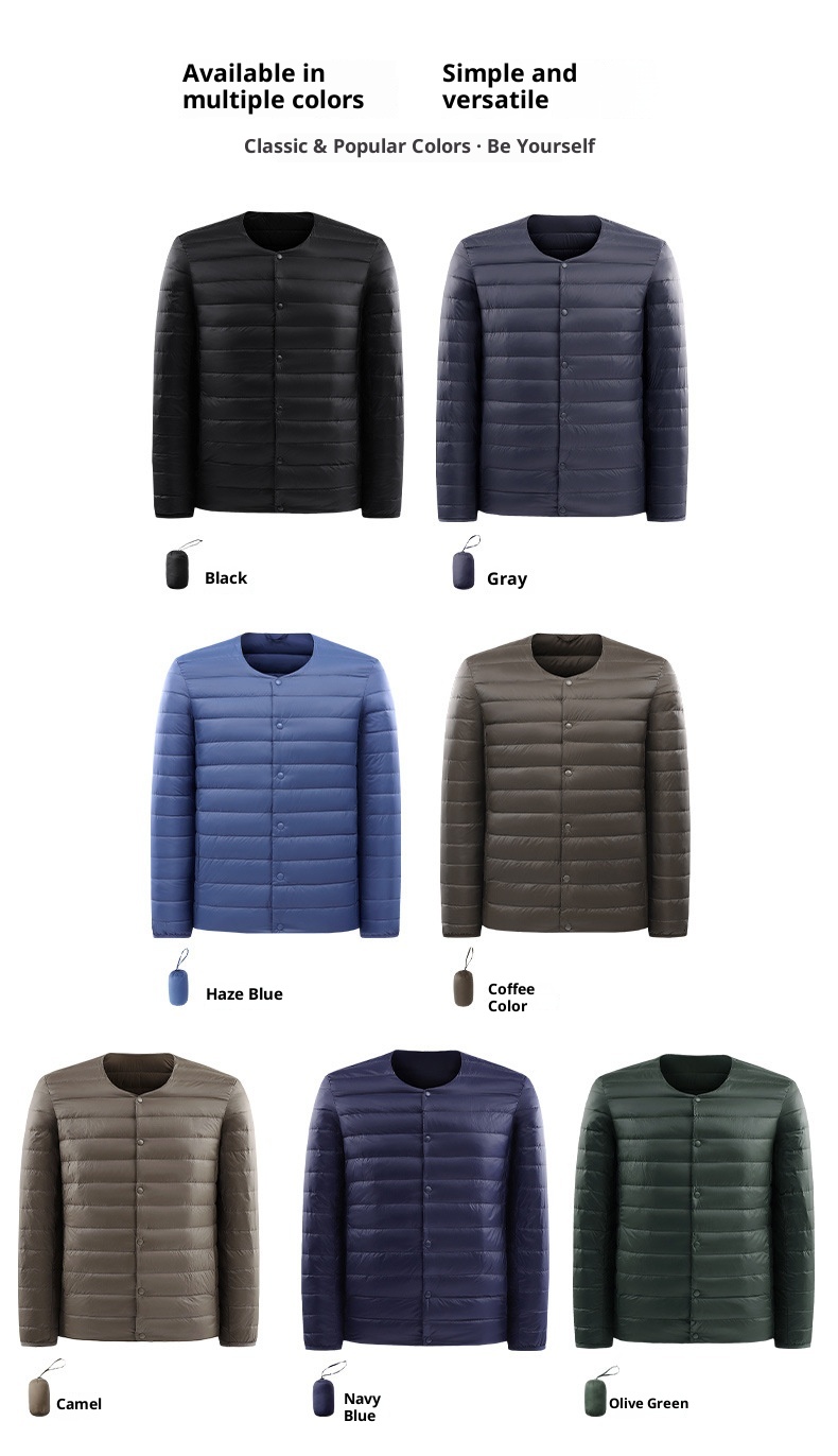 boy Lightweight Jacket Men's Short Style Autumn Winter New Collarless Liner Plus Size Inner Wear Base Layer Round Neck White_voghion.com