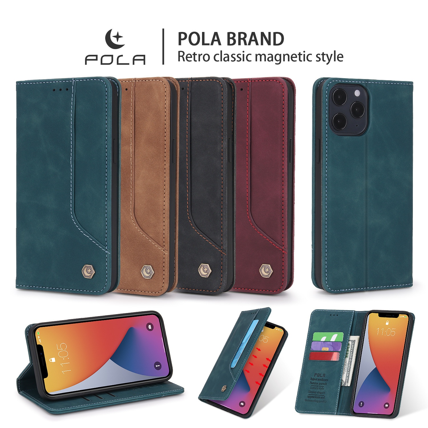 Custodia a portafoglio in pelle con slot per schede NFC e flip cover in PU con effetto pelle al tatto, adatta per iPhone 12 P40_voghion.com