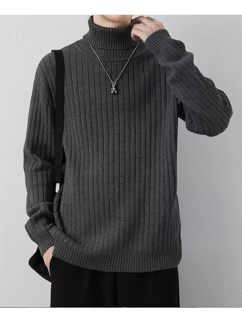 boy Tuleneck For Men Autumn Winter Simple Solid Color Trendy Brand Knitted Slim Fit Warm Turn-down Collar Sweater Base_voghion.com