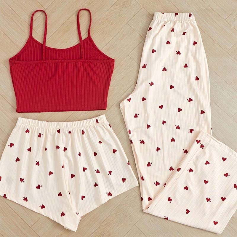 ChicShe Cross-Border Heart Strap Three-Piece Homewear Ribbed Print Casual Foreign Trade European American Style Women's Pajamas_voghion.com