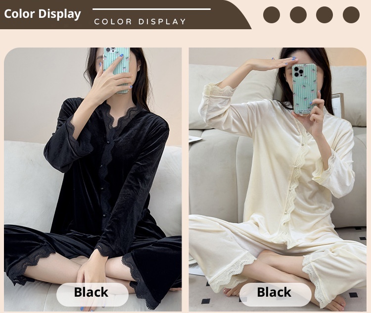 ChicShe Beautiful Velvet Pajamas Autumn Winter Women Lace Cardigan Long Sleeve Set Sexy Elegant Wearable Homewear_voghion.com