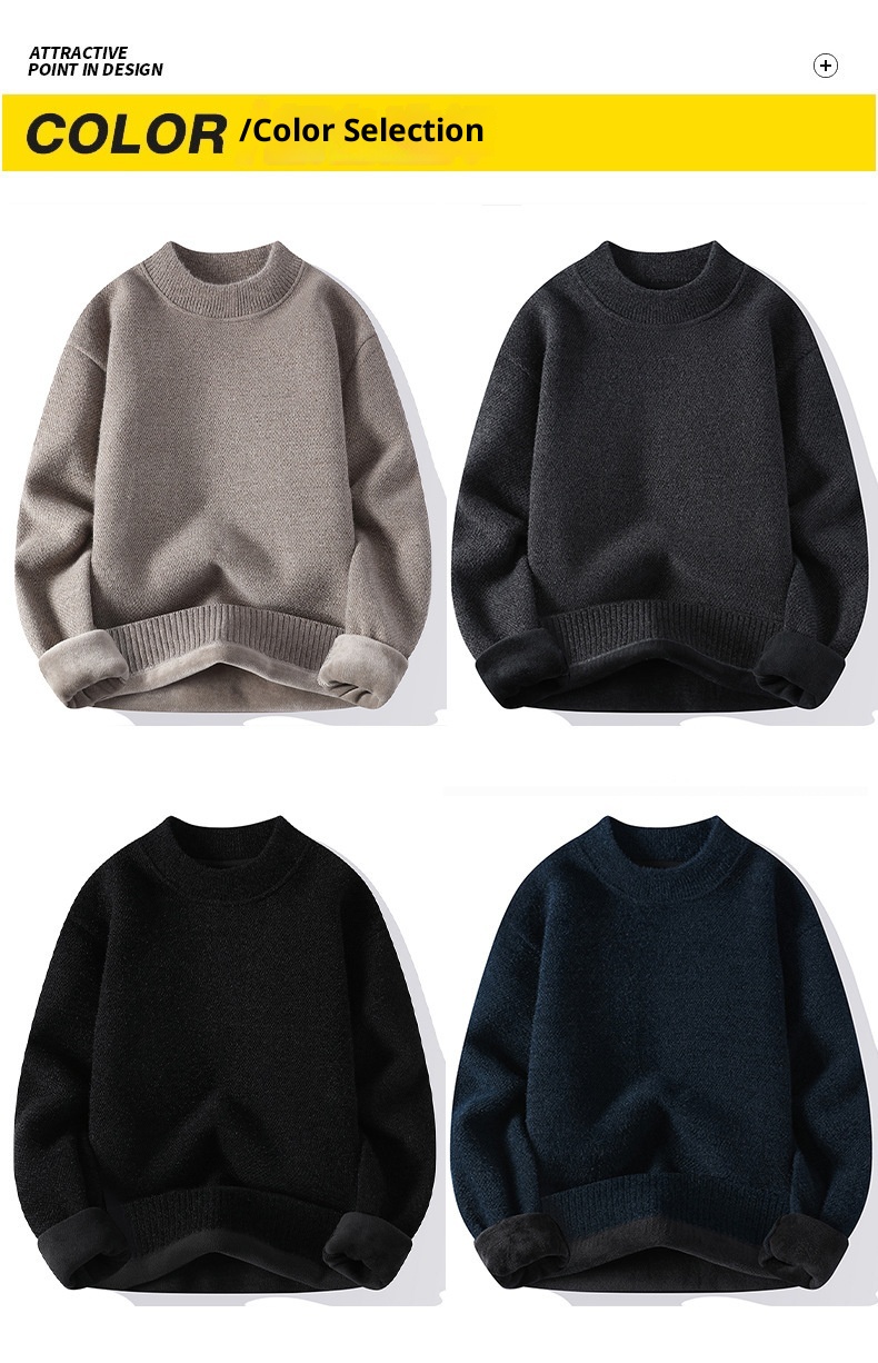 Maglione a collo alto da uomo all'ingrosso, foderato in pile, spesso, tinta unita, vestibilità ampia, casual, pile integrato, caldo_voghion.com