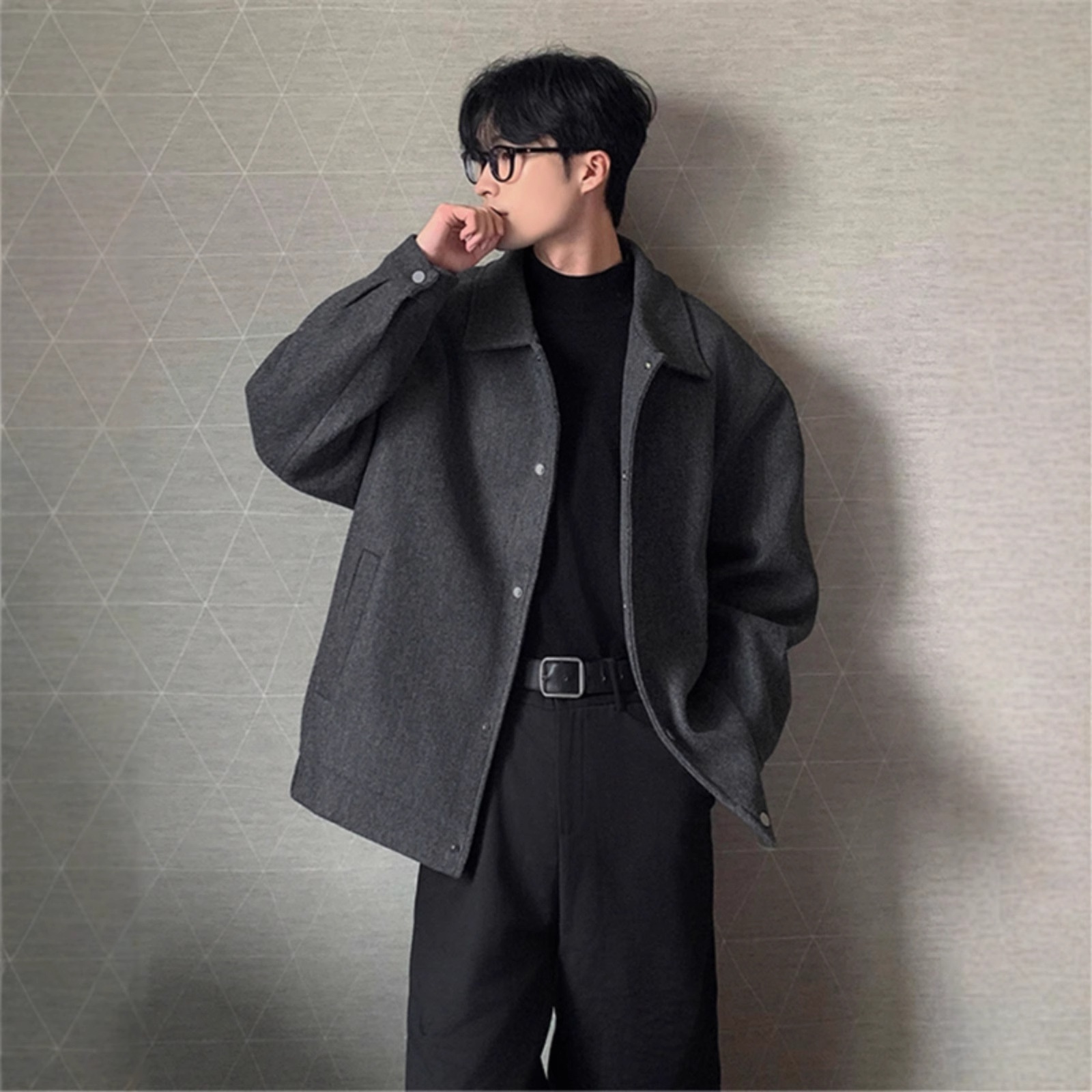 boy Mature And Stable Men's Gray Lapel Jacket Autumn Korean Style Cleanfit Loose Wool Coat Outerwear_voghion.com