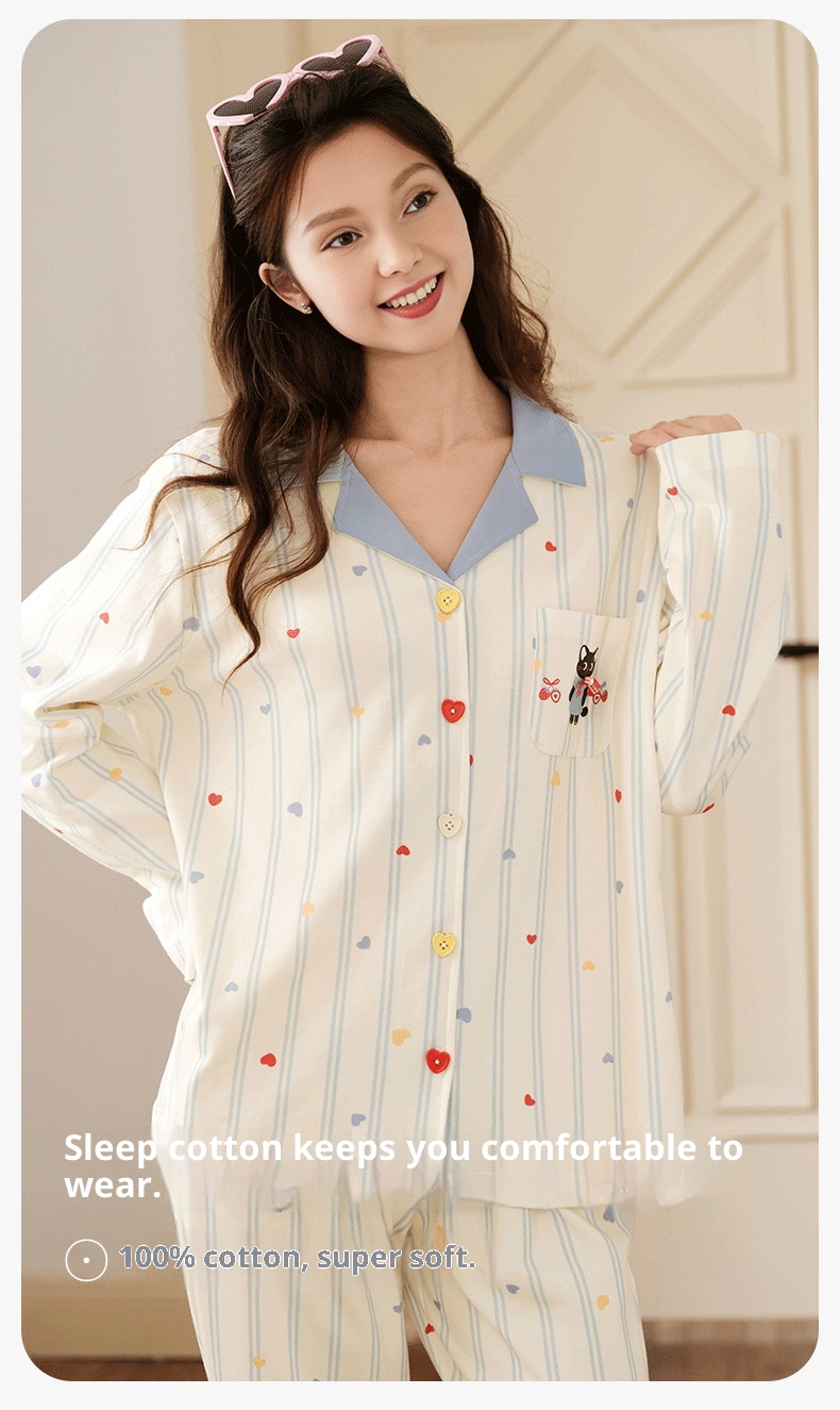 ChicShe Sleep Spring And Autumn New Long Sleeve Women's Pajamas Striped Cute Cartoon Loose Cotton Homewear Set_voghion.com
